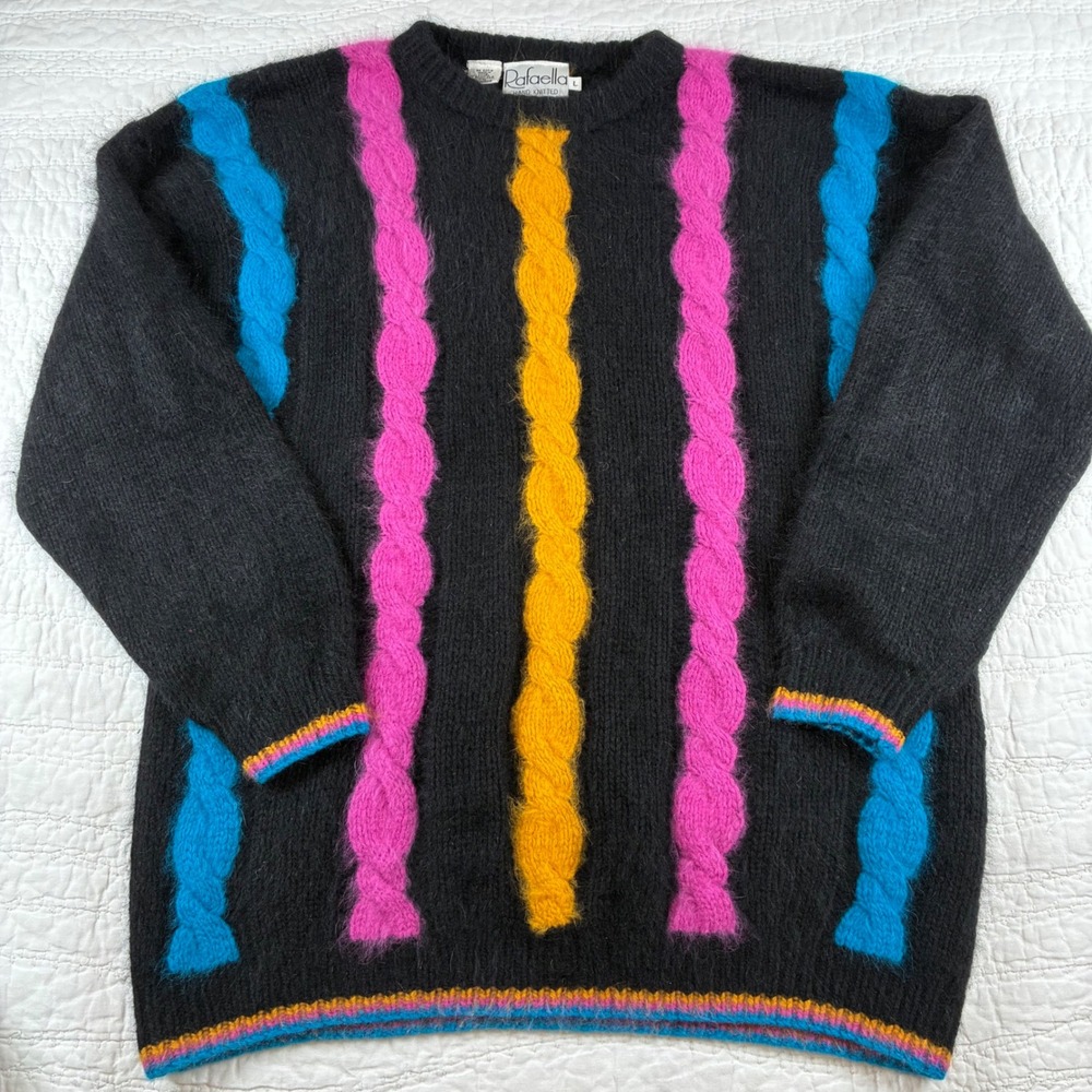 Vtg Rafaella Angora Lambswool Sweater Women L Neon Stripe Cable Knit Fuzzy Retro